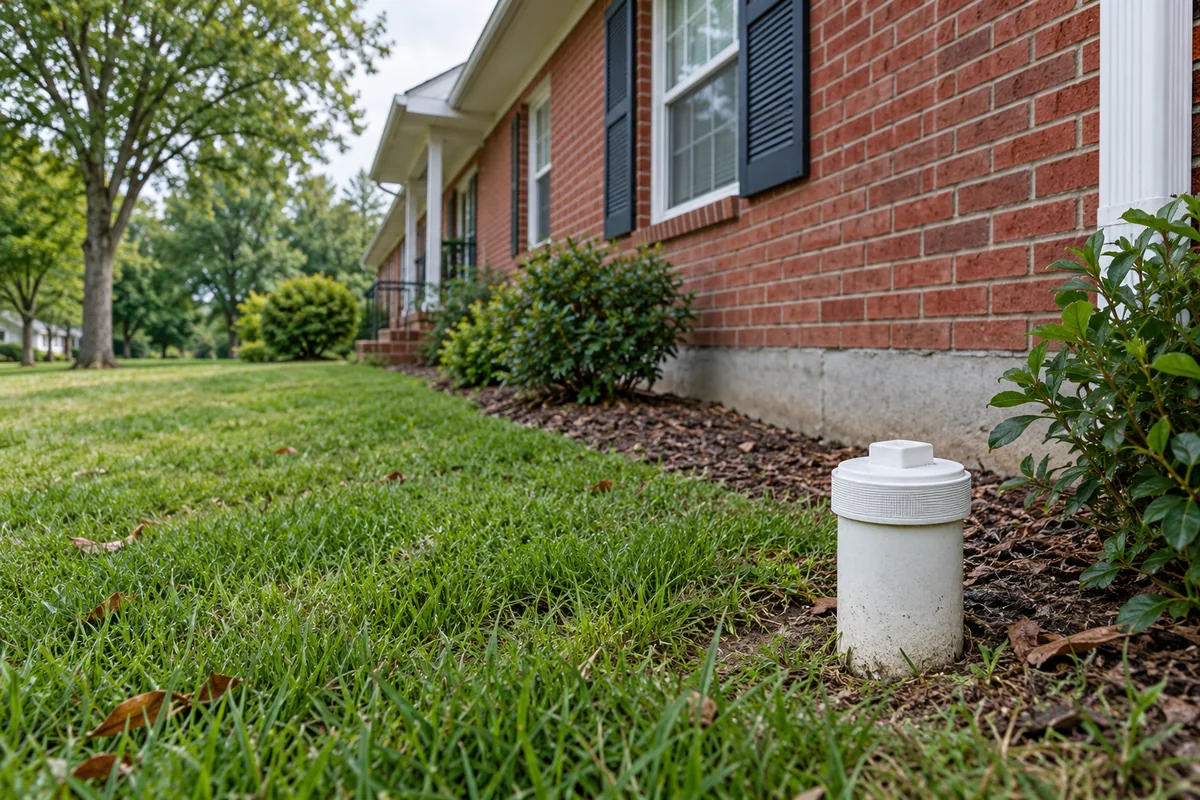 Capped exterior sewer cleanout beside a red-brick home and lawn