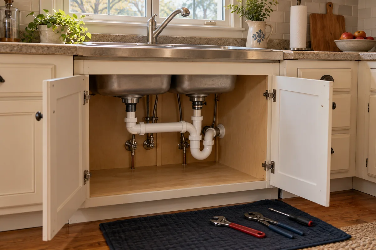 Open kitchen cabinet showing accessible sink drain and trap connections