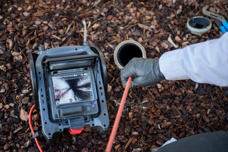 A monitor showing a sewer camera inspection inside a drain pipe